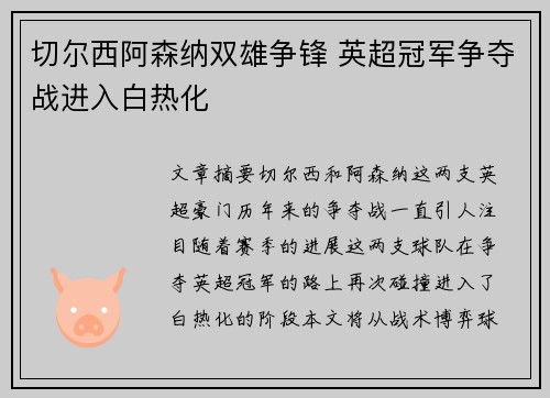切尔西阿森纳双雄争锋 英超冠军争夺战进入白热化