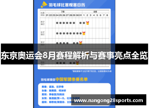 东京奥运会8月赛程解析与赛事亮点全览